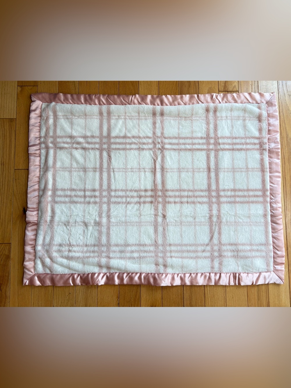 RARE HTF Just Born Pink White Plaid Faux Fur Satin Trim Edge Baby Blanket